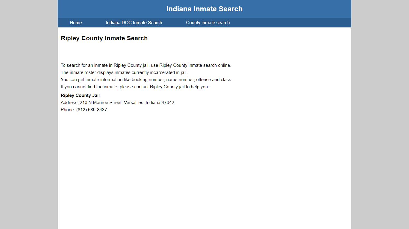 Ripley County Jail Inmate Search - Indiana Inmate Search